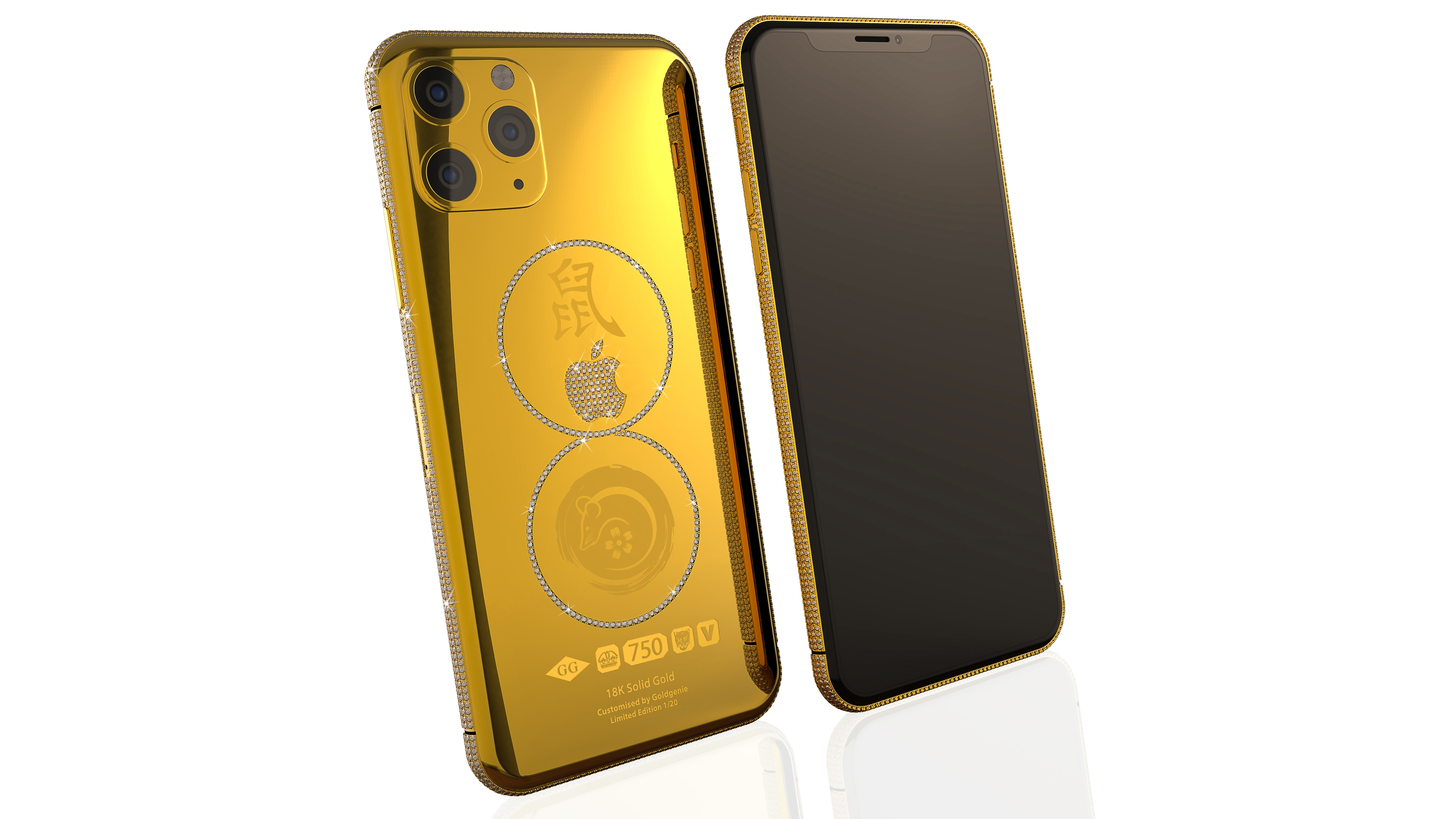 18k solid.gold Diamond iPhone 11 straight white.SW G CHINESE 2 Million Pound Year Of The Rat Gold iPhone Range