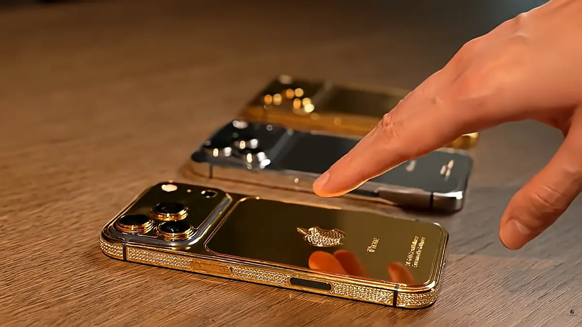 Comparison between a Goldgenie 24K Gold iPhone and a standard Apple iPhone.