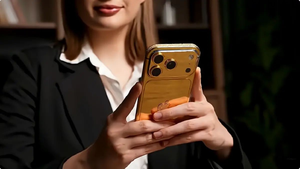 Timeline showing the evolution of luxury mobile phones culminating in a handcrafted Goldgenie Gold iPhone.