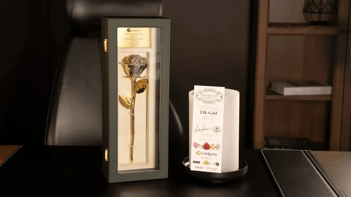 Goldgenie 24k luxury gold gifts including rose, iPhone and diamond MacBook.