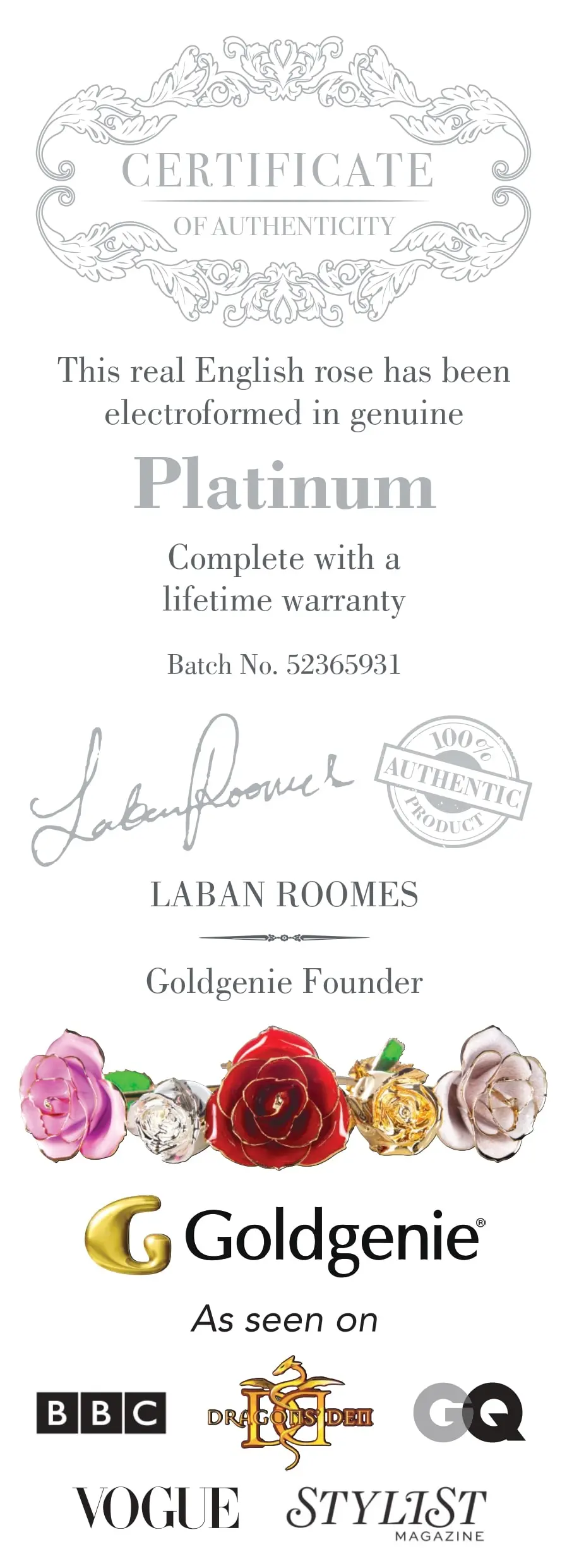 Goldgenie Platinum Certificate of Authenticity