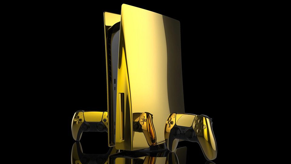 Gold Playstation 5 Front with Wireless Controllers