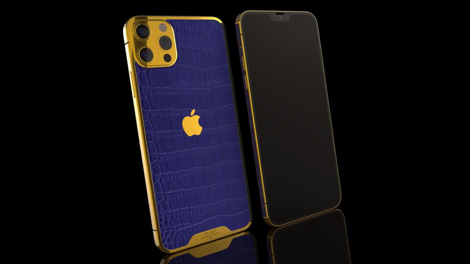 24k Gold Blue Croc Leather iPhone 13 Pro