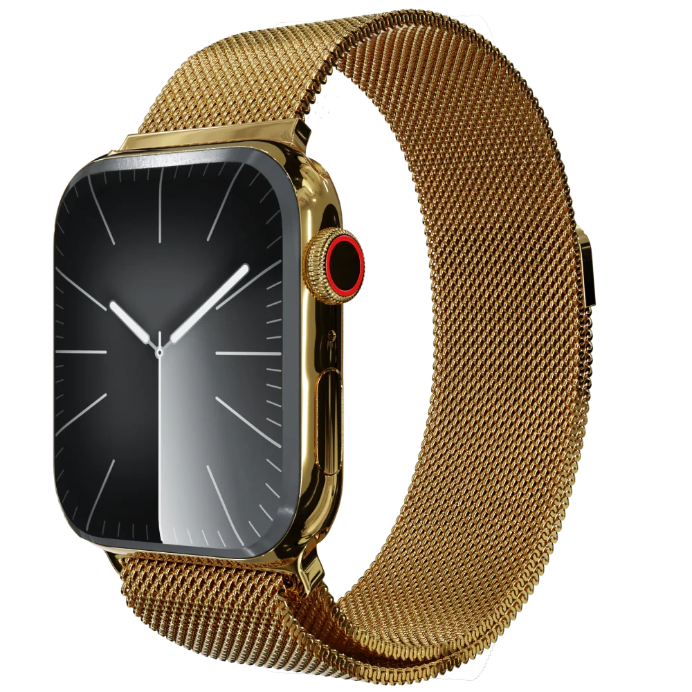 Gold Apple Watch 9 with Milanese strap black face