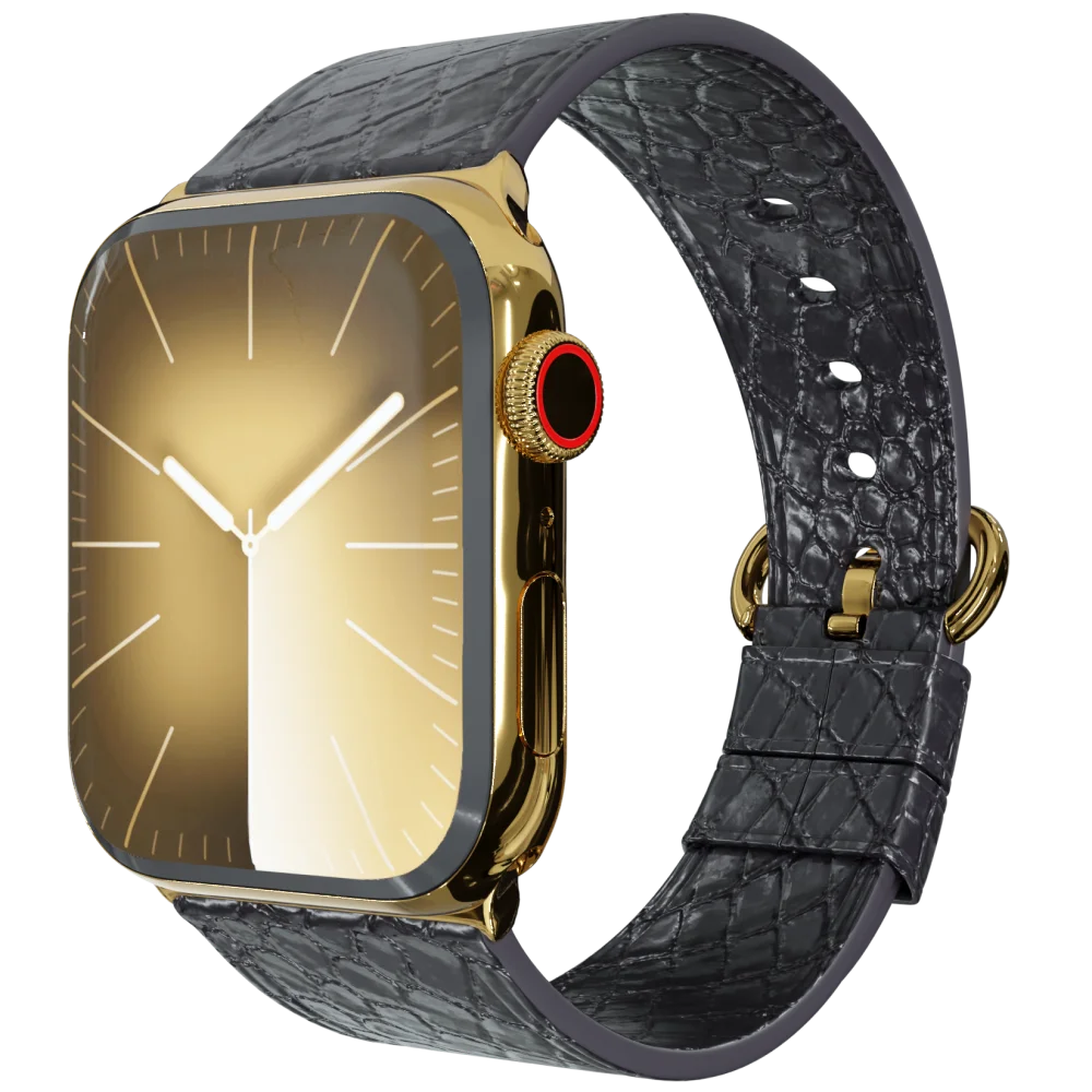 gold apple watch 9 with black python strap