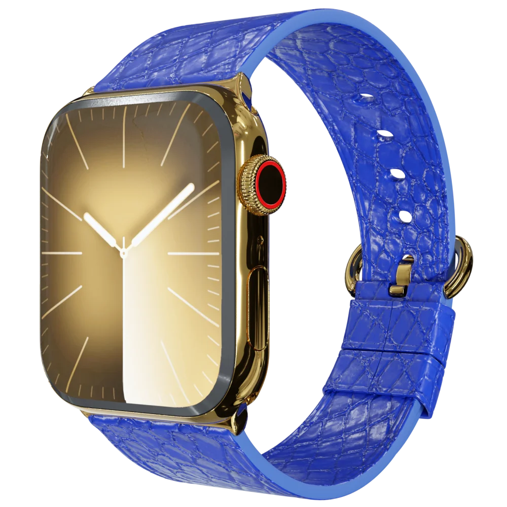 gold apple watch 9 with blue python strap