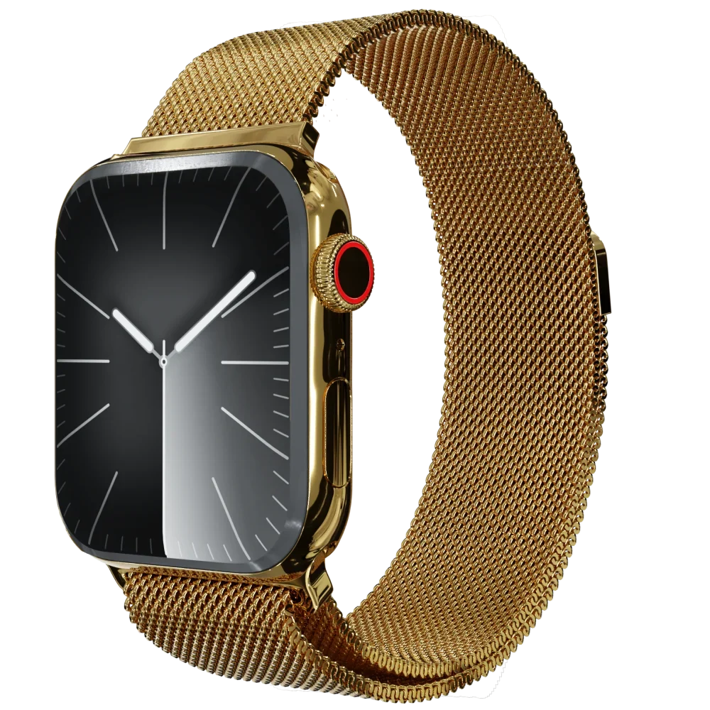 Gold Apple Watch 9 with Milanese strap black face