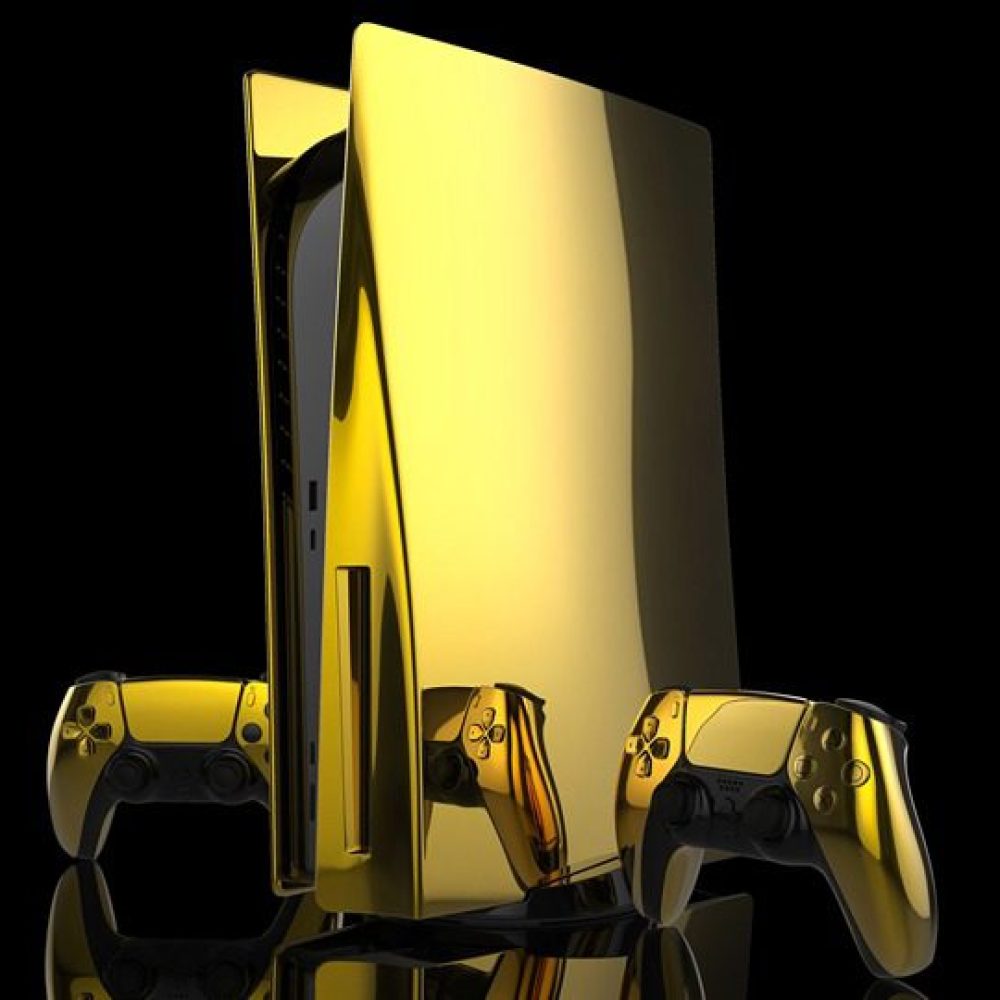 Gold Playstation 5 Front with Wireless Controllers